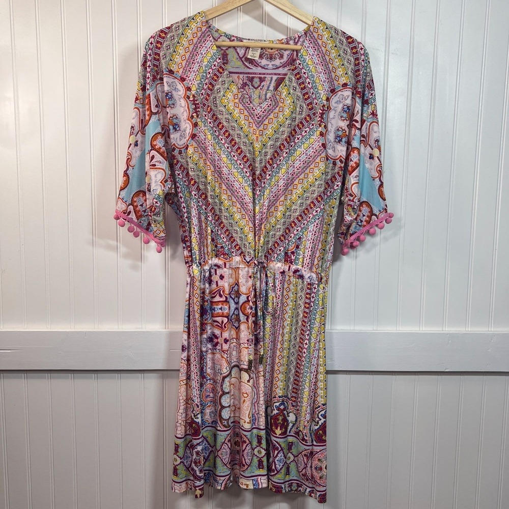 Vasna Midi Dress Colorful Maximalist Fairy Geometric Tie Waist Pom Pom Fringe S